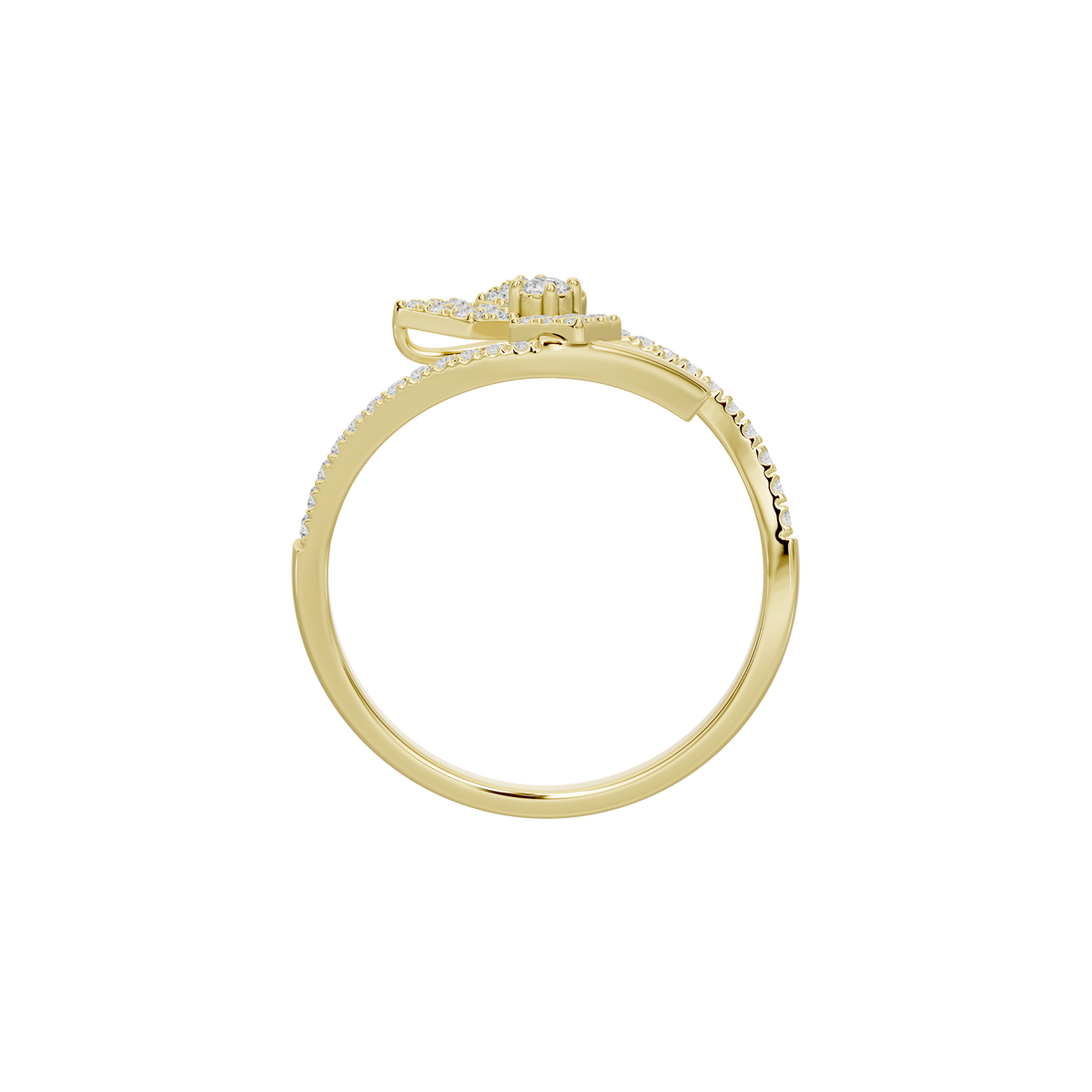 Yellow gold vermeil lab diamond ring with round stones on bow motif, top view