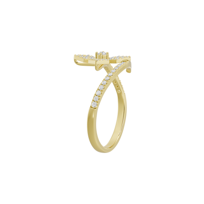 Yellow gold vermeil bow lab diamond ring, side view with round stone clusters