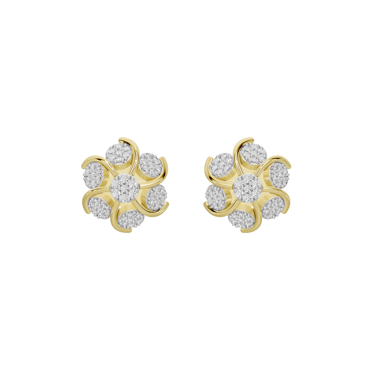 Yellow gold vermeil cluster stud earrings, angled view with round lab diamonds