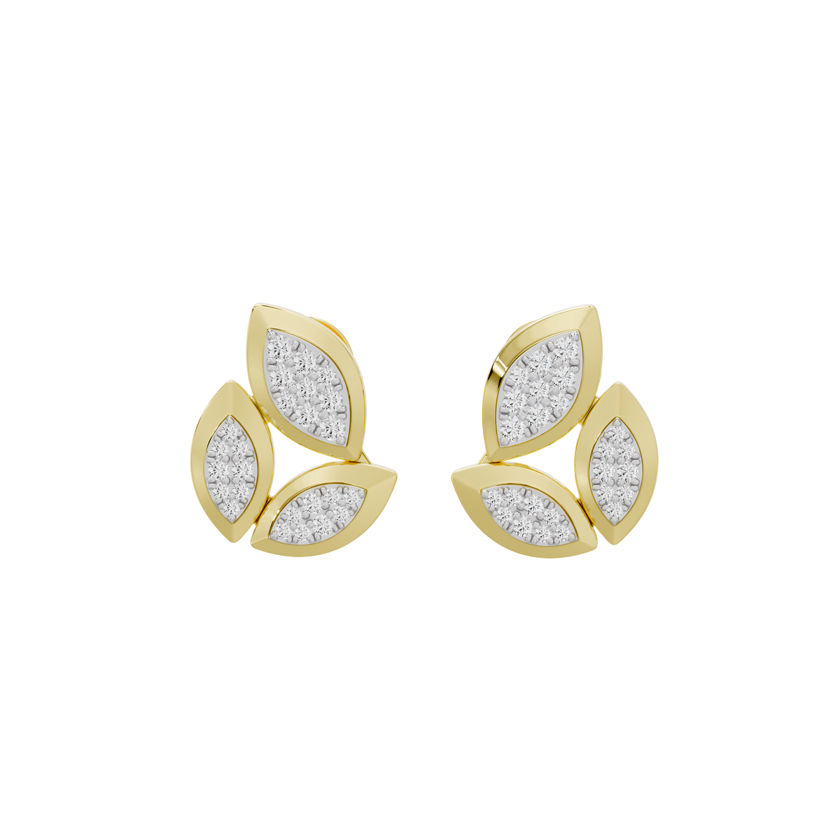 Yellow gold vermeil lab diamond stud earrings with petal leaf cluster, pair