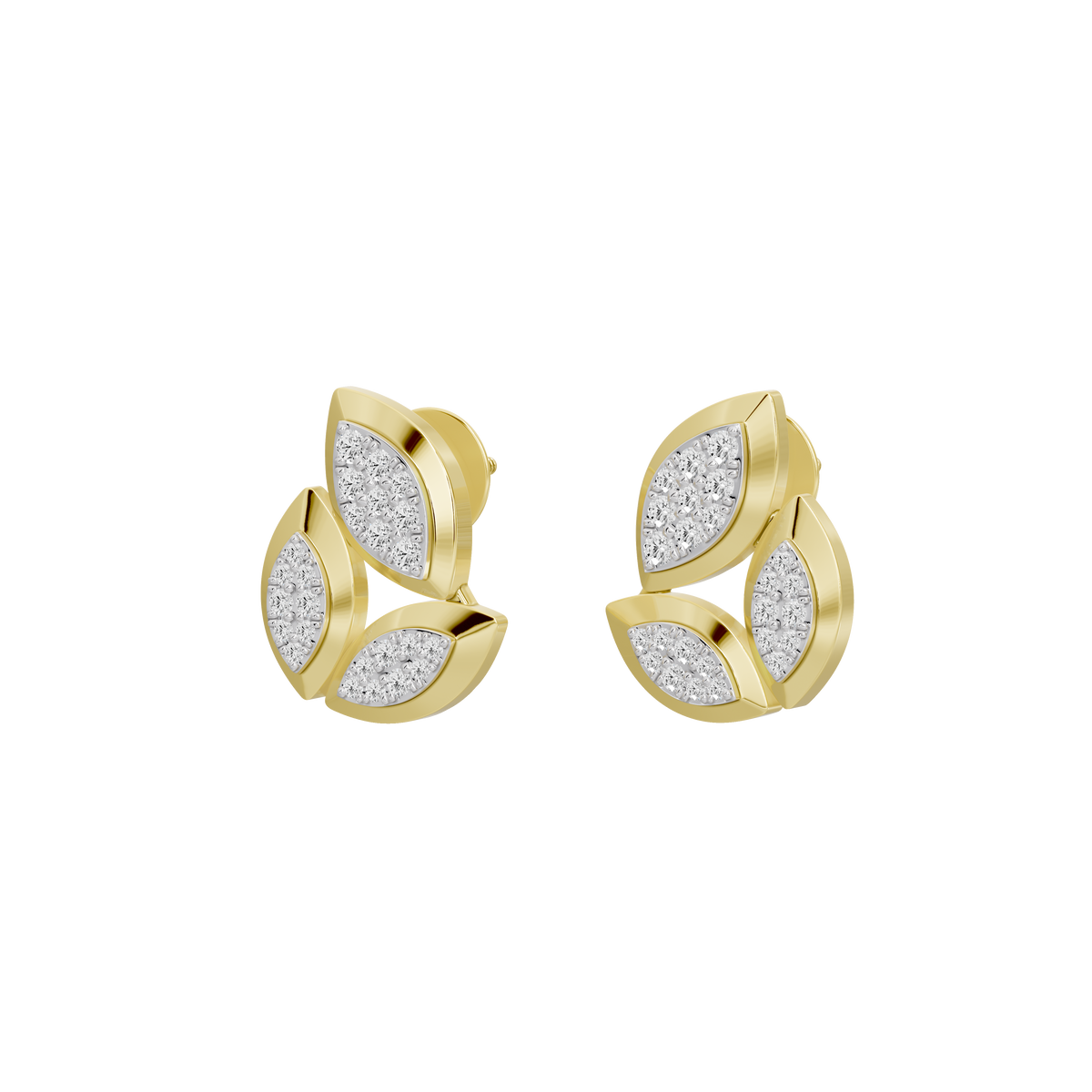 Yellow gold vermeil lab diamond earrings with petal leaf cluster, pair view