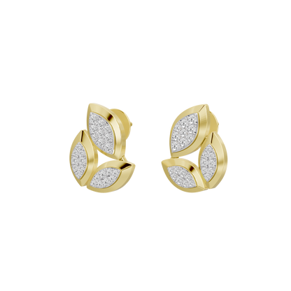 Yellow gold vermeil lab diamond earrings with petal leaf cluster, pair view