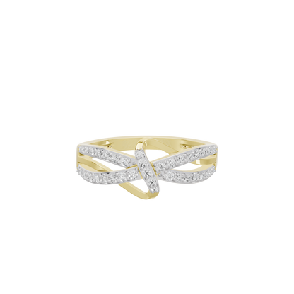 Yellow gold vermeil twist ring with diamond pavé bands, angled side view