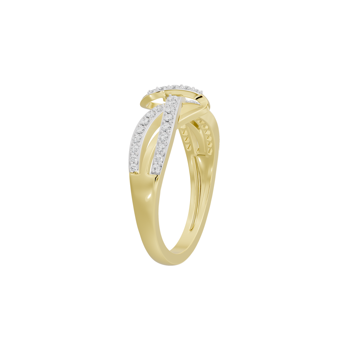 Yellow gold vermeil openwork twist ring with diamond pavé bar, side view