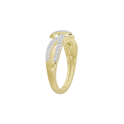 Yellow gold vermeil openwork twist ring with diamond pavé bar, side view