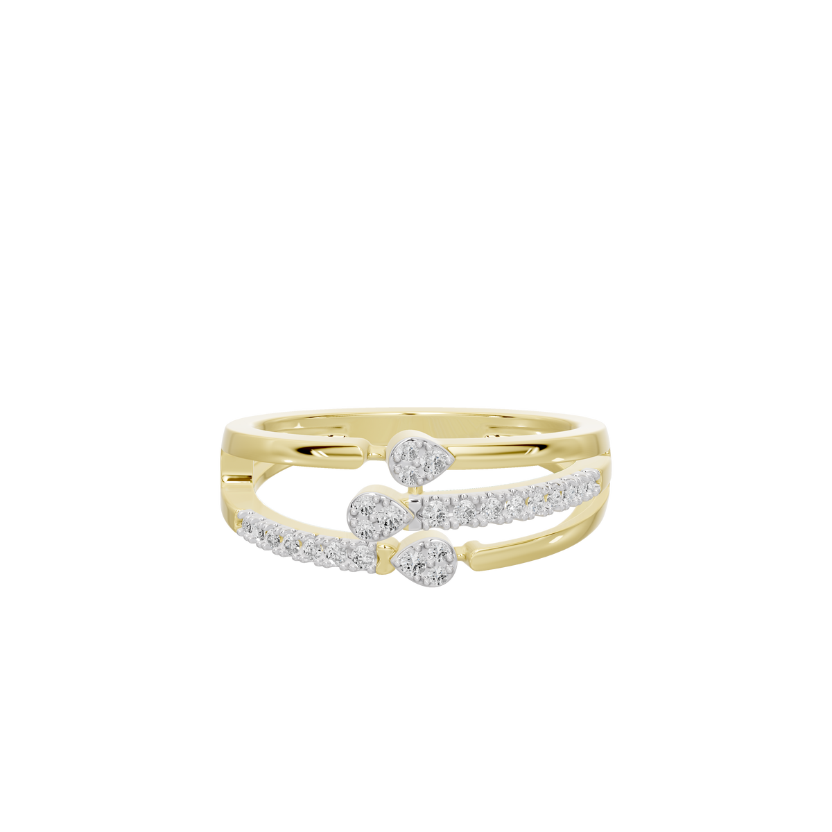 Yellow gold vermeil lab diamond ring with three round stones, front view