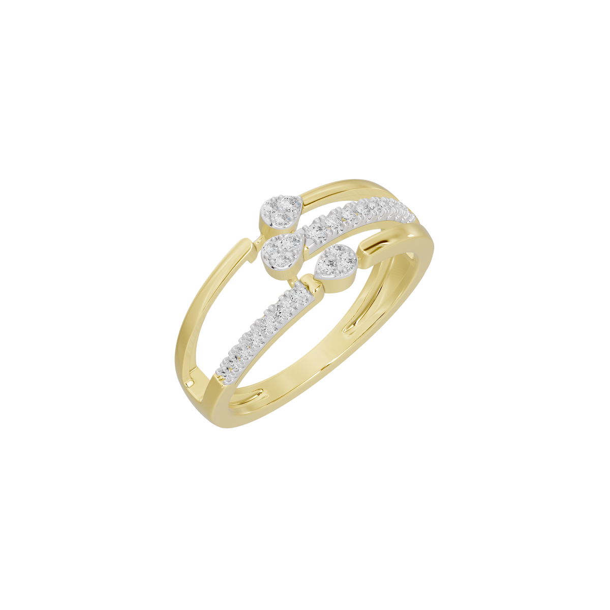 Yellow gold vermeil lab diamond ring with three round stones, angled view