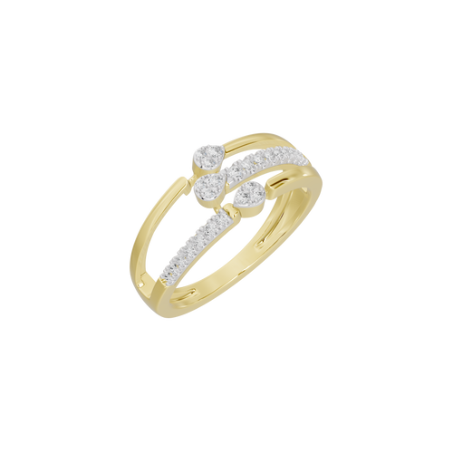 Yellow gold vermeil lab diamond ring with three round stones, angled view