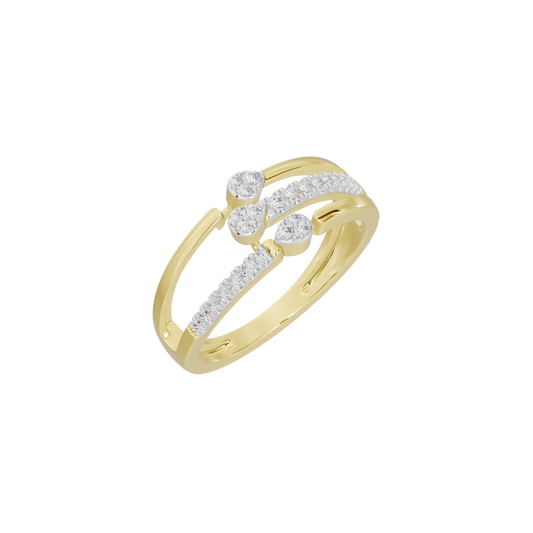 Yellow gold vermeil lab diamond ring with three round stones, angled view