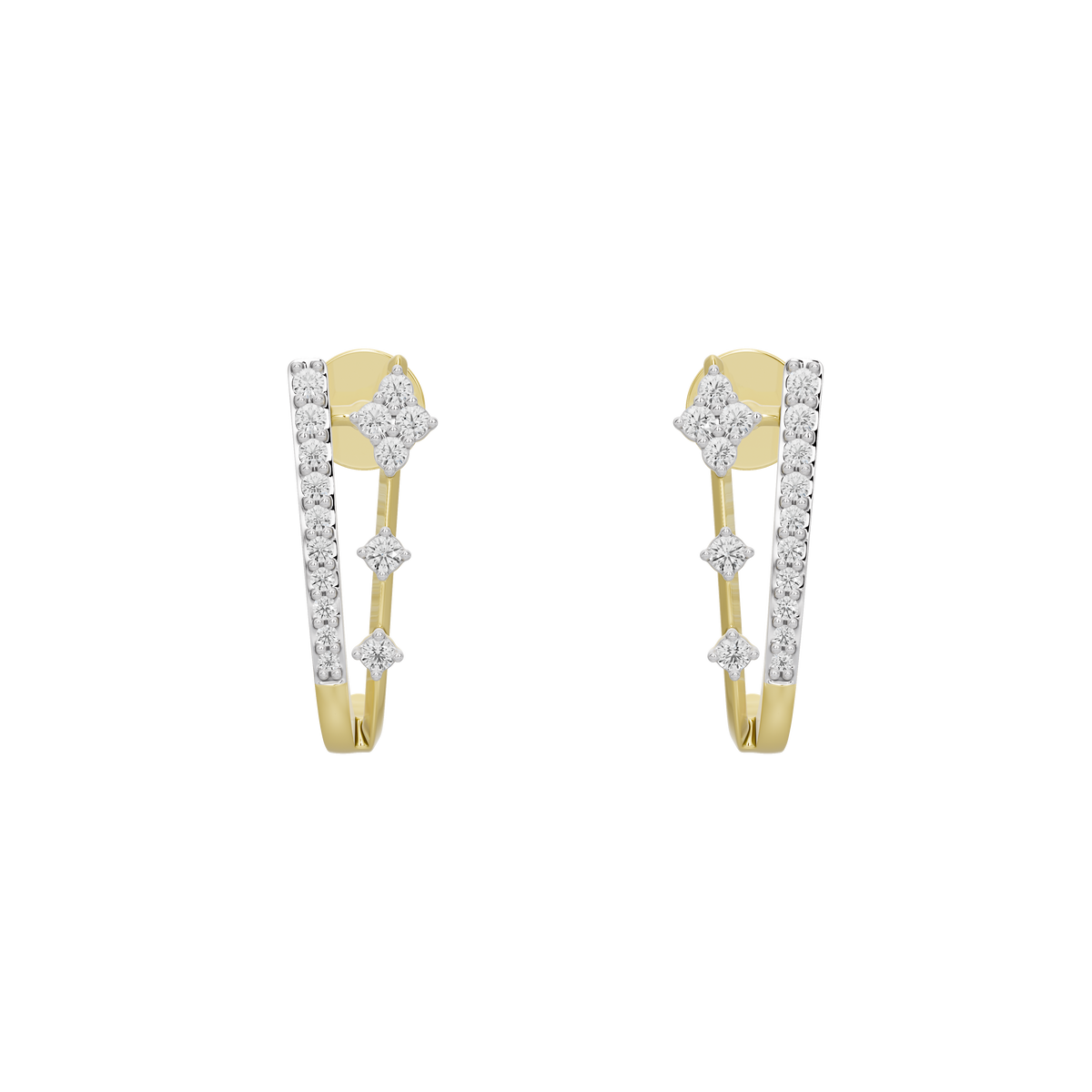 Linear crest hoop earrings with yellow gold vermeil and white lab diamonds, front view