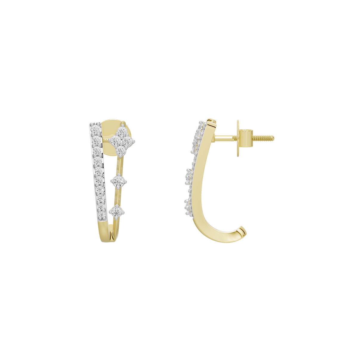 Linear crest hoop earrings, yellow gold vermeil with white lab diamonds, side view