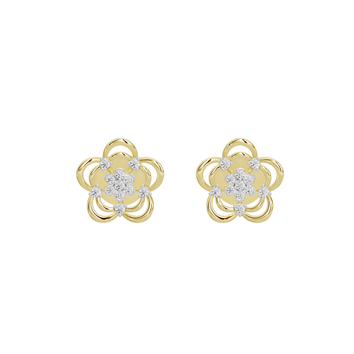 Yellow gold vermeil lab diamond floral stud earrings with scalloped petal design