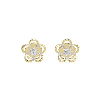 Yellow gold vermeil lab diamond floral stud earrings with scalloped petal design