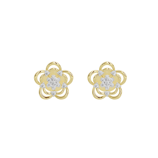 Yellow gold vermeil lab diamond floral stud earrings with scalloped petal design