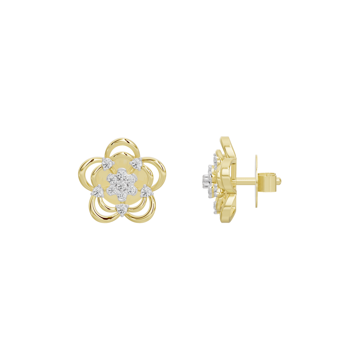 Yellow gold vermeil lab diamond floral stud earring with side view