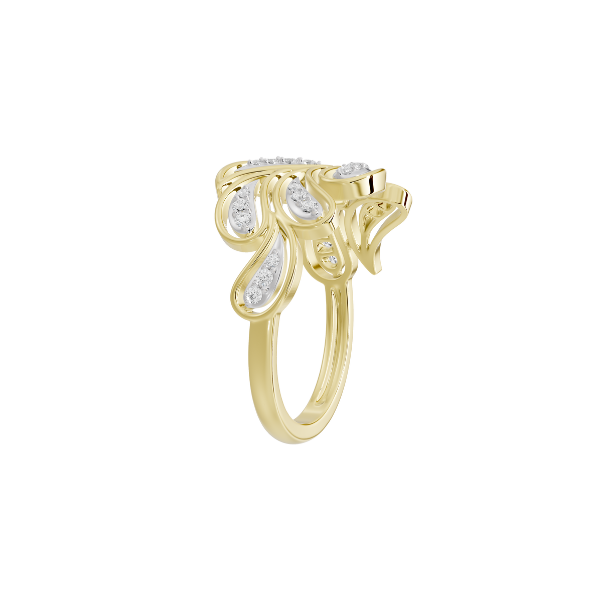 Petal swirl lab diamond ring with openwork yellow gold vermeil and round stones