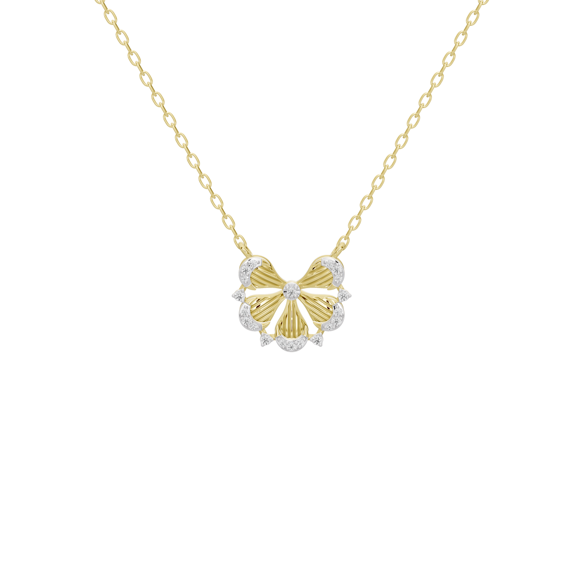 Gold vermeil bow diamond necklace with a clustered floral pendant of round lab diamonds