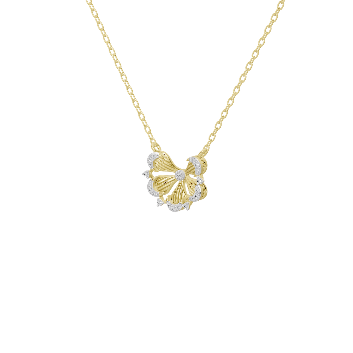 Gold vermeil bow diamond necklace with a flower-like pendant and round lab diamonds