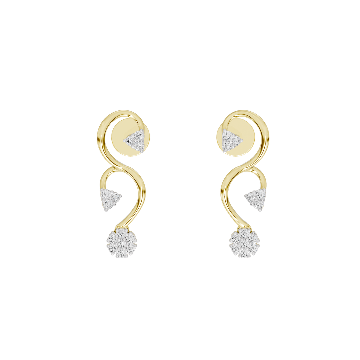 Yellow gold vermeil lab diamond vine drop earrings with three sparkling stones on each side