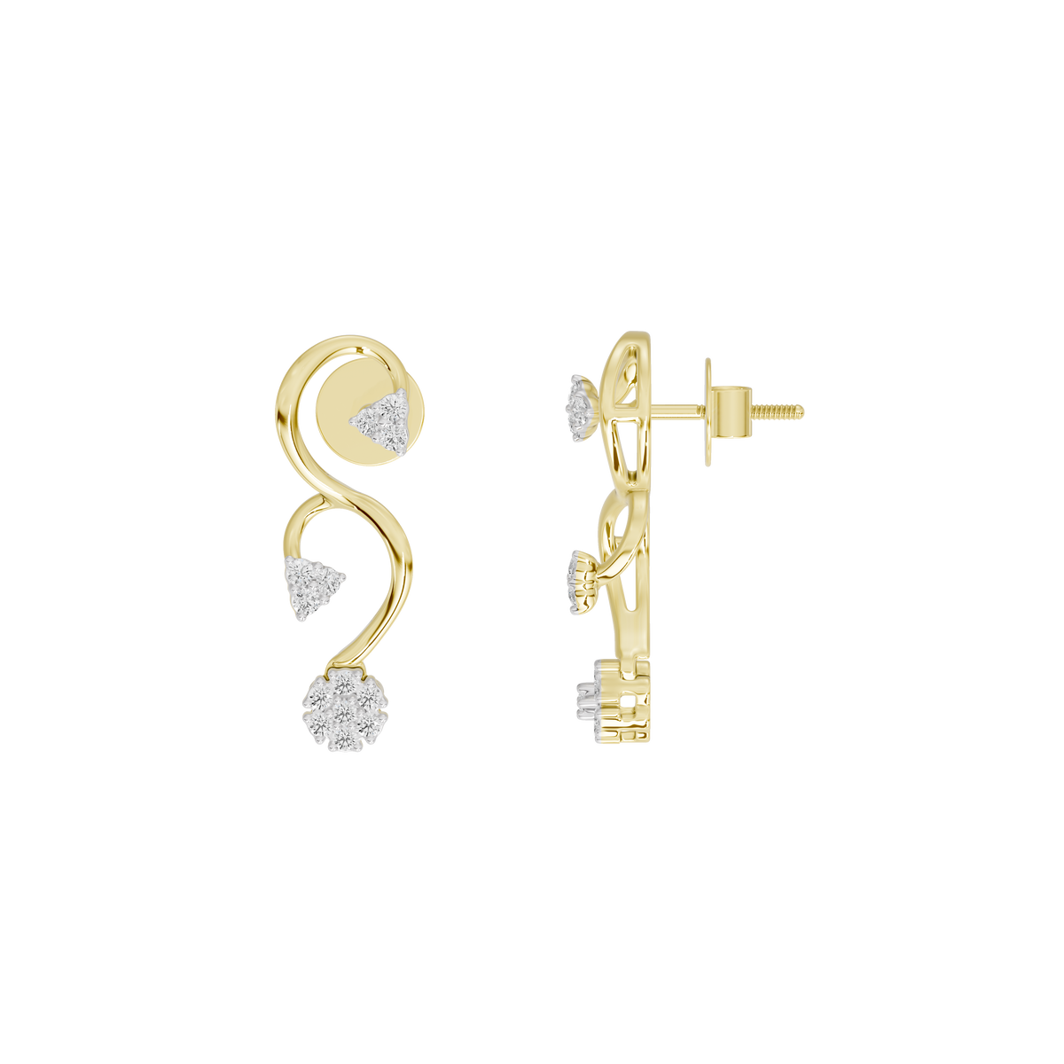 Side view of yellow gold vermeil lab diamond vine drop earrings with three stones