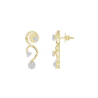 Side view of yellow gold vermeil lab diamond vine drop earrings with three stones