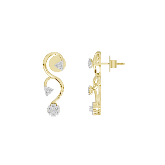 Side view of yellow gold vermeil lab diamond vine drop earrings with three stones