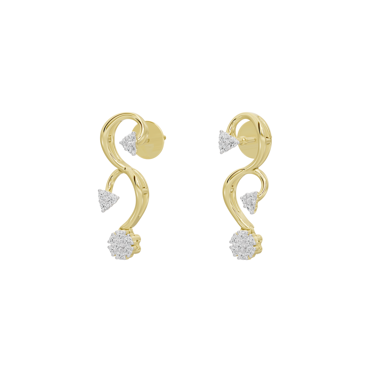 Yellow gold vermeil lab diamond vine drop earrings, curved hoop with three dangling stones