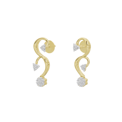 Yellow gold vermeil lab diamond vine drop earrings, curved hoop with three dangling stones