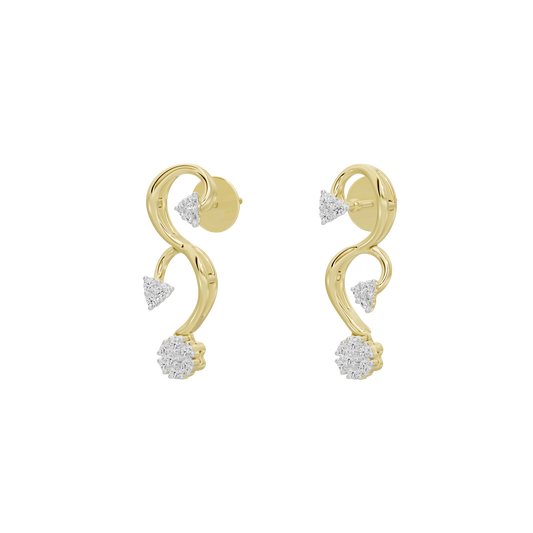 Yellow gold vermeil lab diamond vine drop earrings, curved hoop with three dangling stones