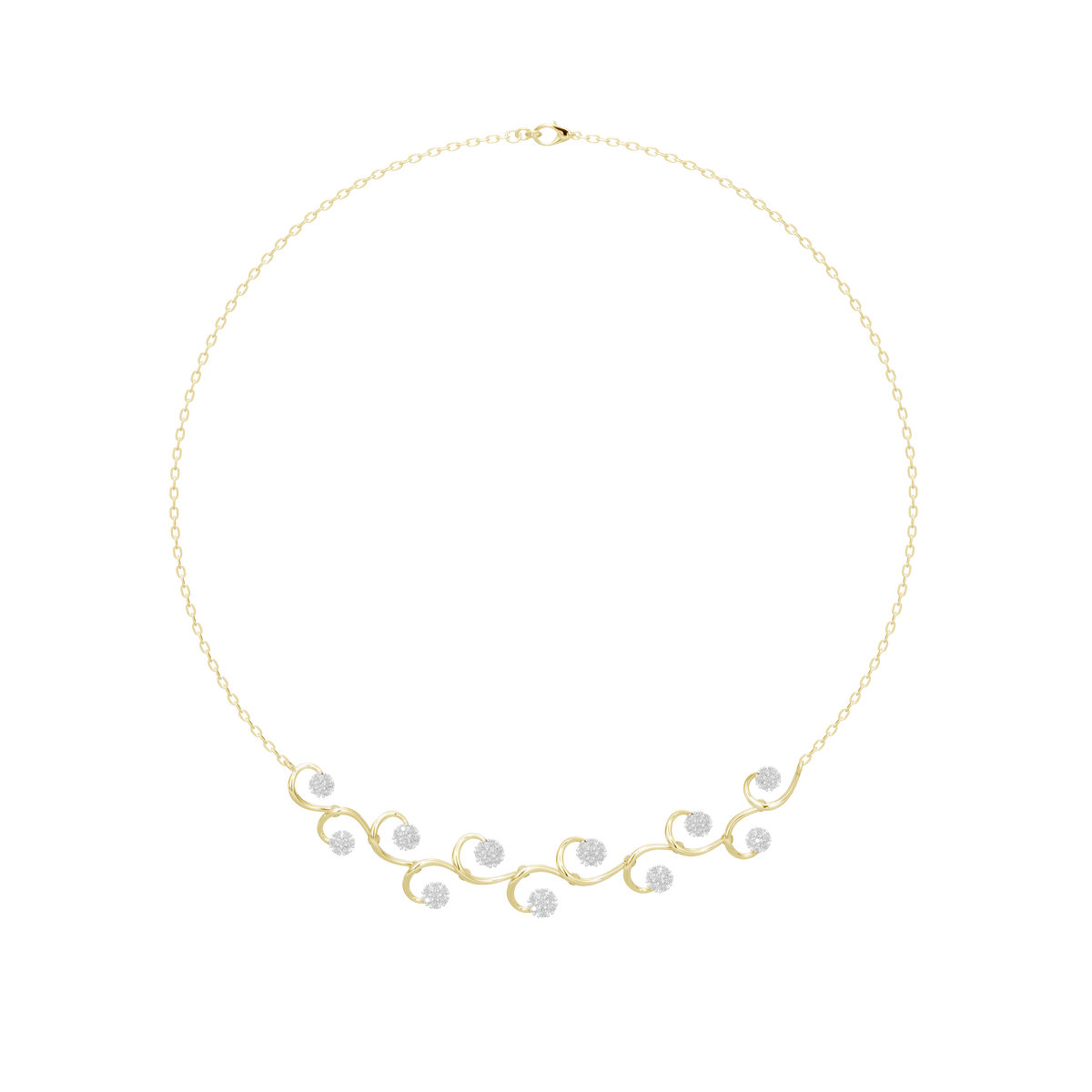 Yellow gold vermeil collar necklace with circular lab diamonds in vine design