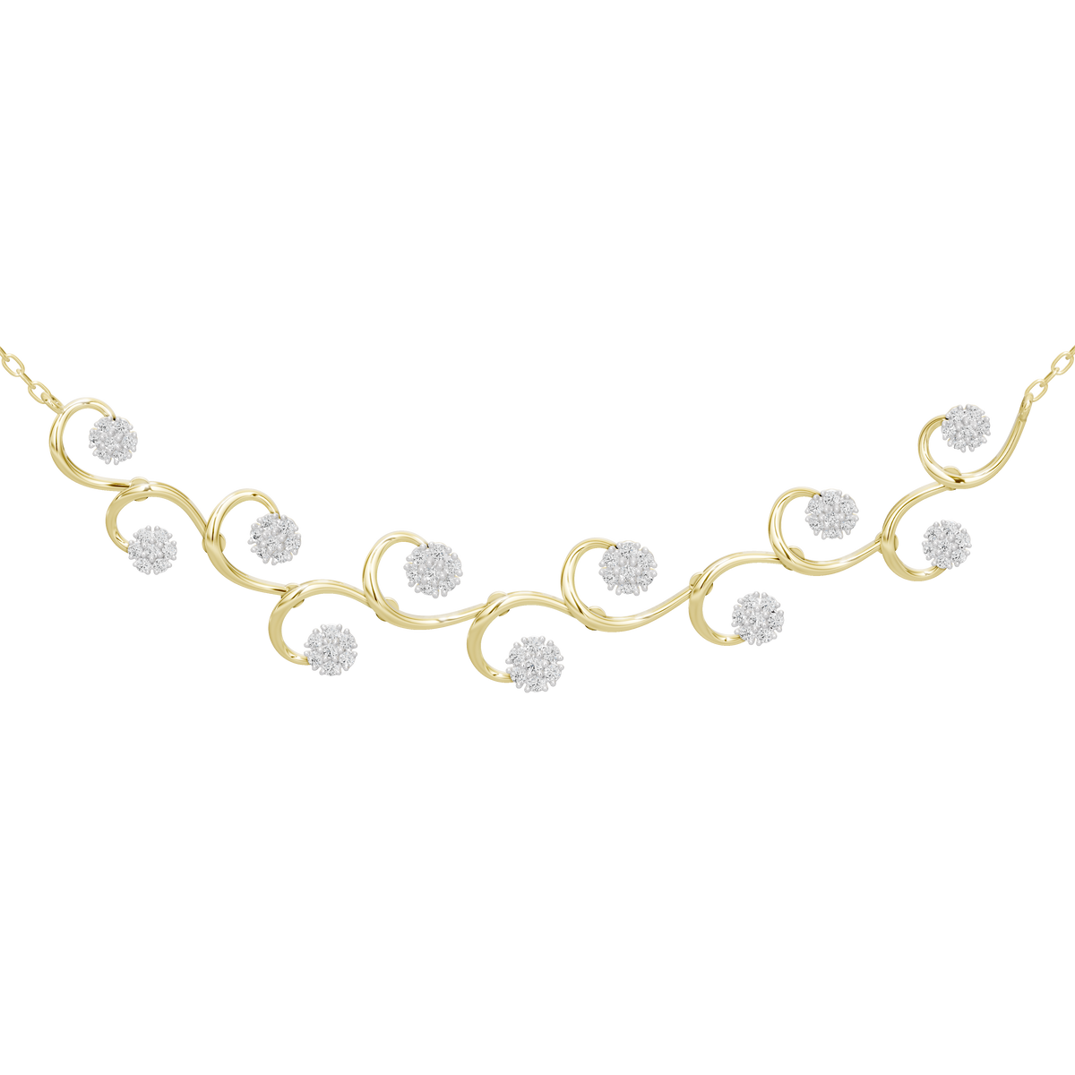 Close-up of yellow gold vermeil vine necklace with round lab diamonds