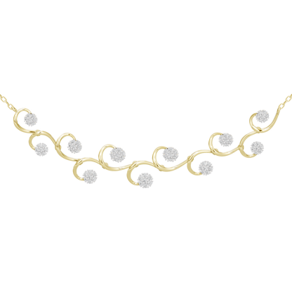 Close-up of yellow gold vermeil vine necklace with round lab diamonds