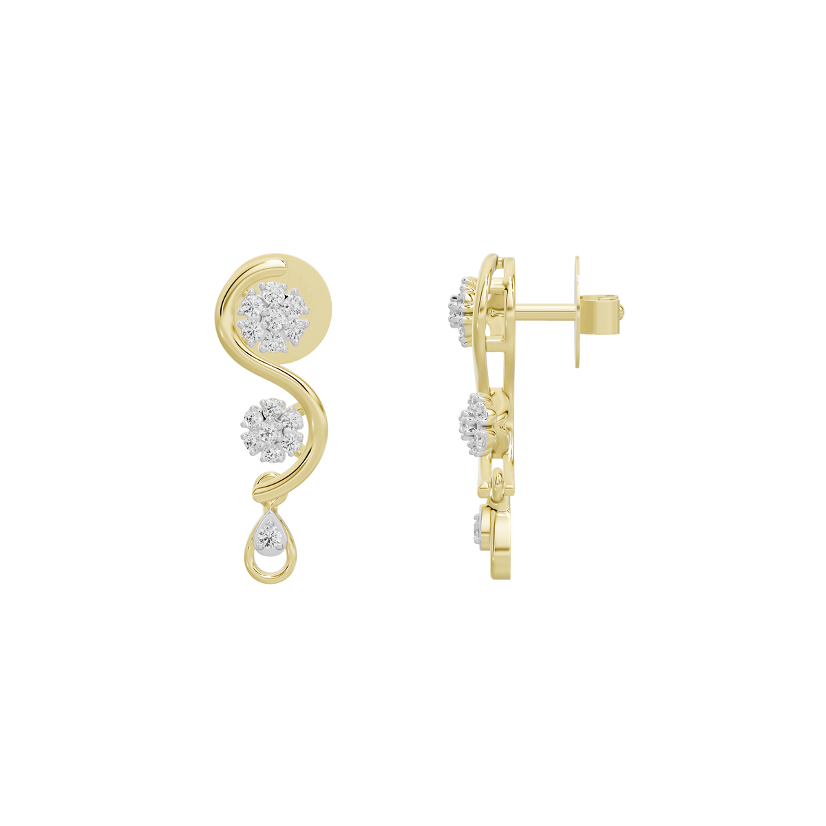Gold vermeil lab diamond drop earrings shown from the side with clasp.