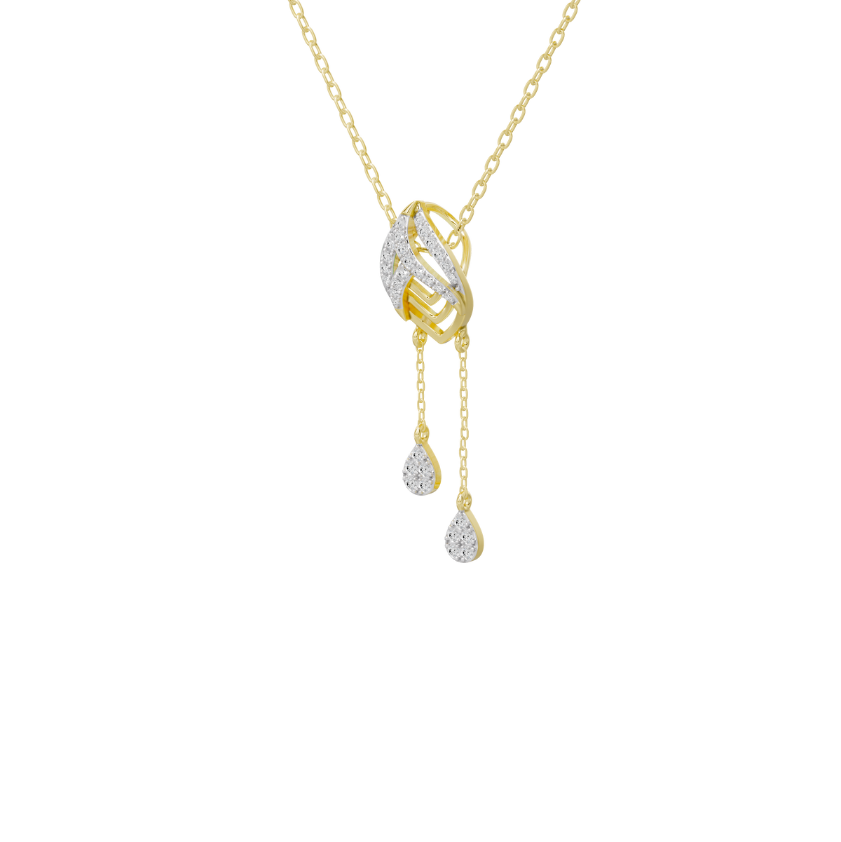 Yellow gold vermeil lab diamond tassel necklace pendant with marquise frame and two round drops