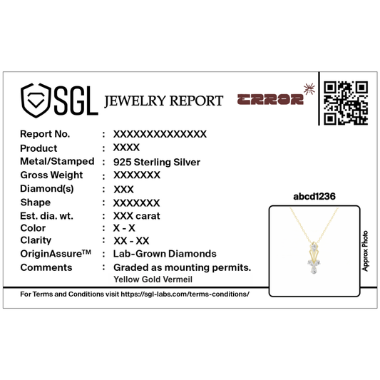 Gold diamond pendant illustration on a jewelry report card with QR code