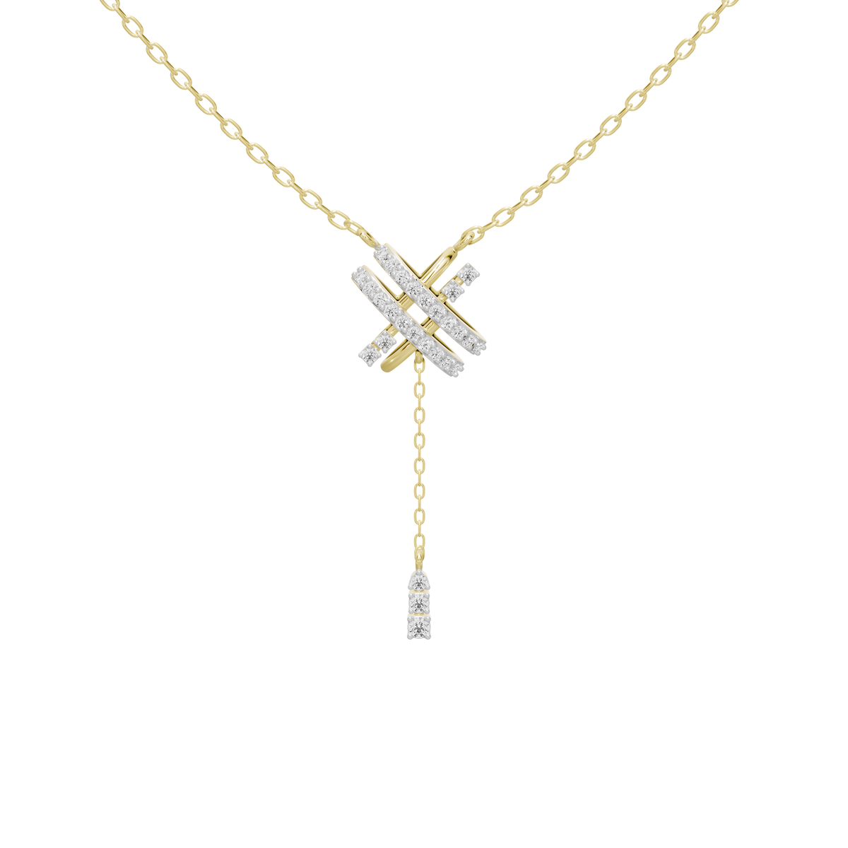 Lab diamond cross pendant with dangling bar charm on a yellow gold vermeil chain