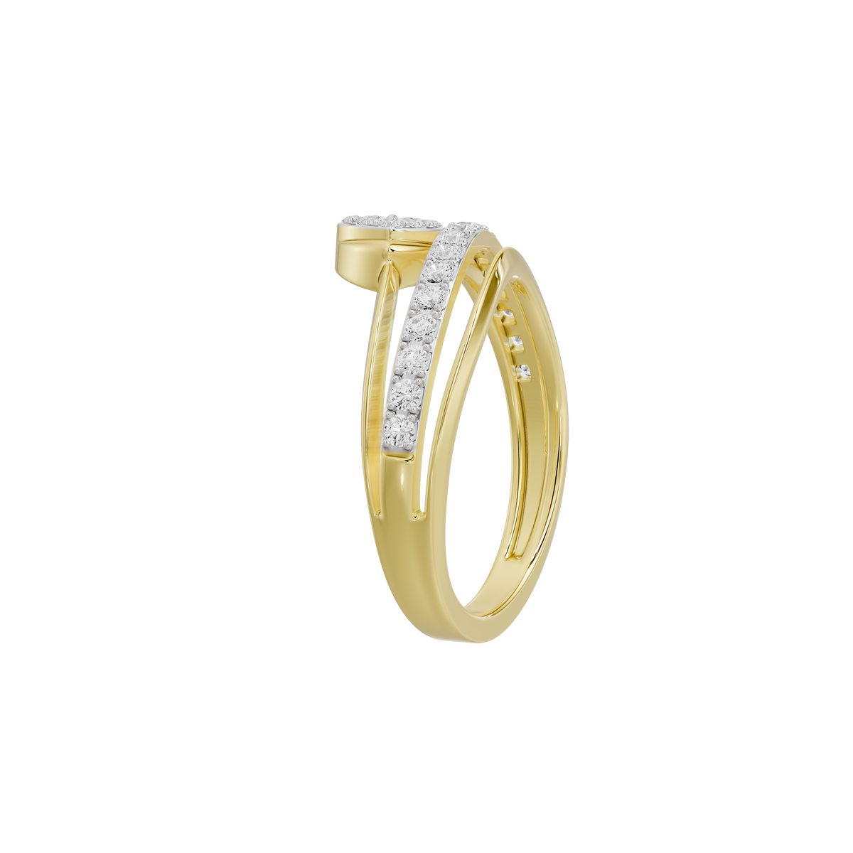Yellow gold vermeil lab diamond ring with curved open bands and oval pave stone
