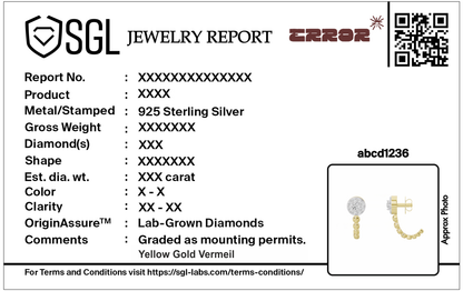 Jewelry report card for lab-grown diamond earrings, 925 sterling silver, gold vermeil