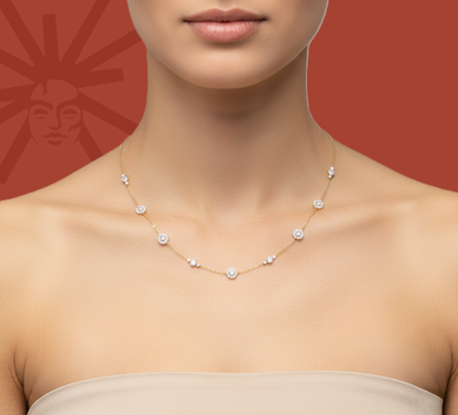 Woman wearing a yellow gold vermeil lab diamond station necklace