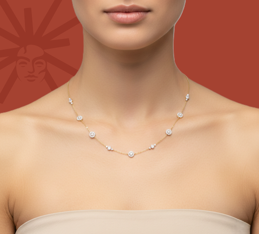 Woman wearing a yellow gold vermeil lab diamond station necklace