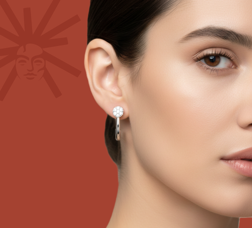 Lab diamond pavé hoop earrings on ear, round sparkle cluster, 925 sterling silver