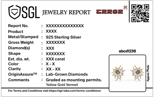 Jewelry report card for lab diamond earrings, 925 sterling silver, yellow gold vermeil