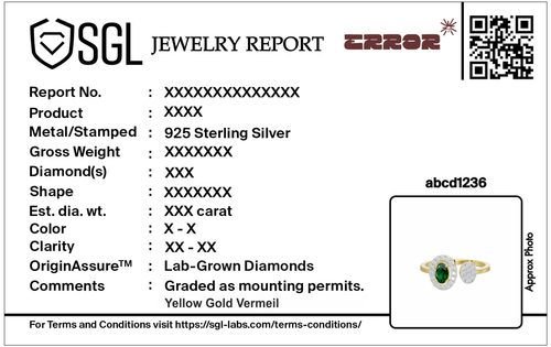 Jewelry report card for lab diamond ring: 925 silver, Yellow Gold Vermeil