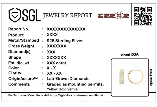 Jewelry report card for lab diamond bead earrings with QR code