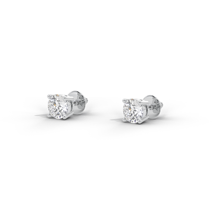 Sterling silver lab diamond solitaire stud earrings, side view of prong setting
