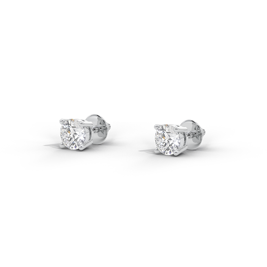 Sterling silver lab diamond solitaire stud earrings, side view of prong setting