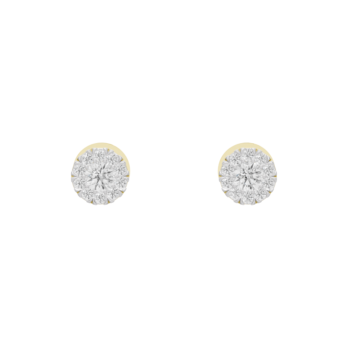 Pair of round diamond stud earrings with yellow gold vermeil halos and bright center stones