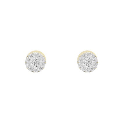 Pair of round diamond stud earrings with yellow gold vermeil halos and bright center stones