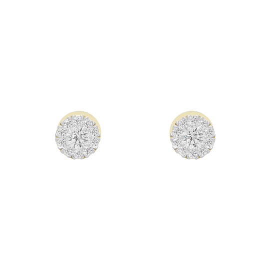 Pair of round diamond stud earrings with yellow gold vermeil halos and bright center stones