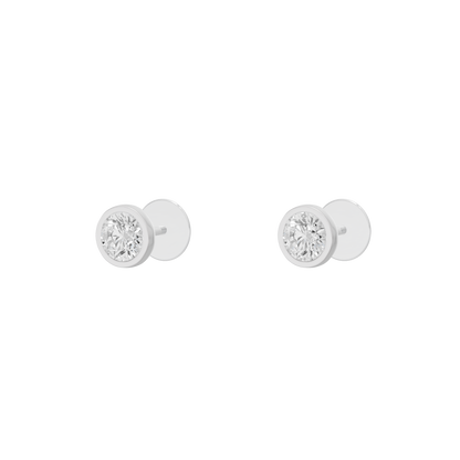 Round lab diamond stud earrings, side view of circular bezel settings